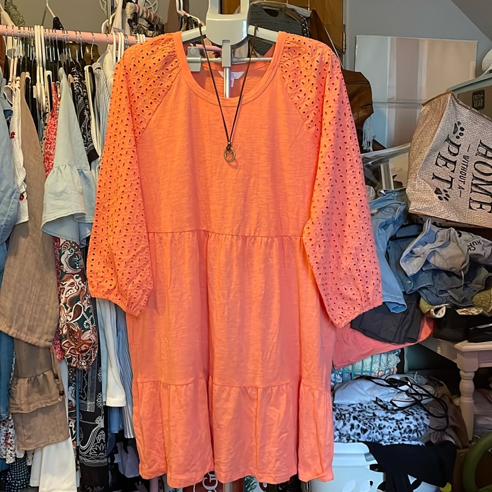 Time And Tru Coral LS Eyelet Tiered T Shirt Dress